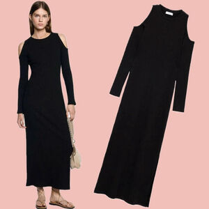 Mango Black Ribbed Maxi Dress – Cold Shoulder – NWT